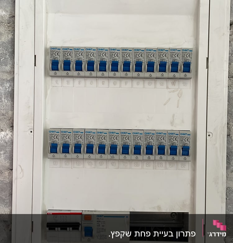 לוח חשמל עם מפסקים וכיתוב על רקע קיר בטון